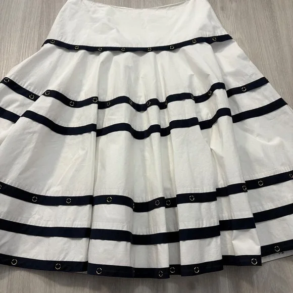 Cache Skirt Women White Navy Stripe A-Line Midi Skirt Cotton Size 10 - Picture 10 of 14